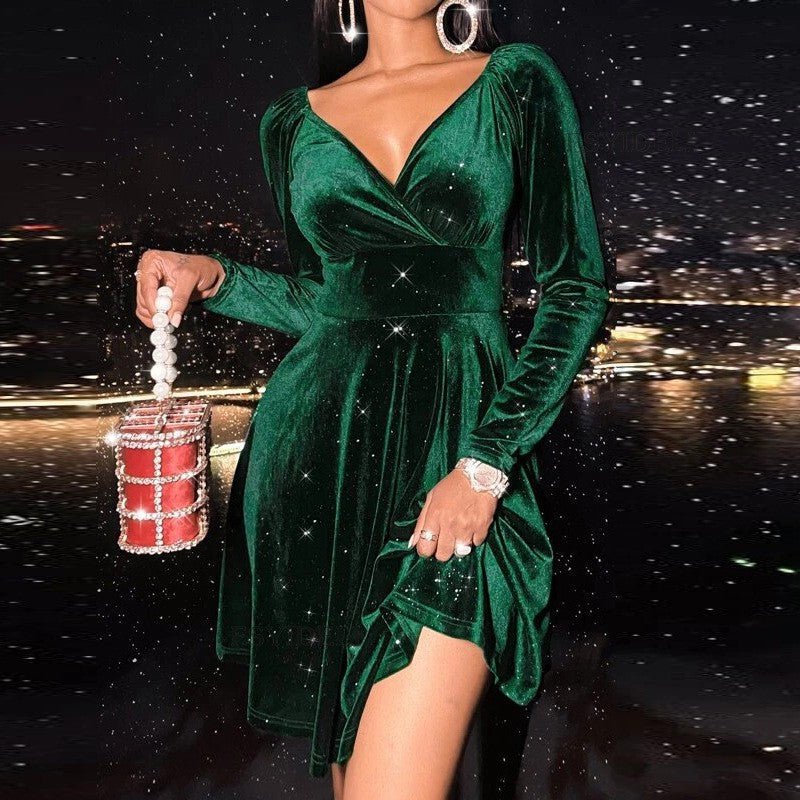 Autumn Festival Christmas Long Sleeve V - neck Dress - Santa Secret Sanctuary