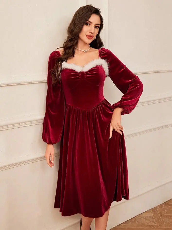 Women's Vintage Christmas Sleeve Red Velvet Dress - Santa Secret Sanctuary