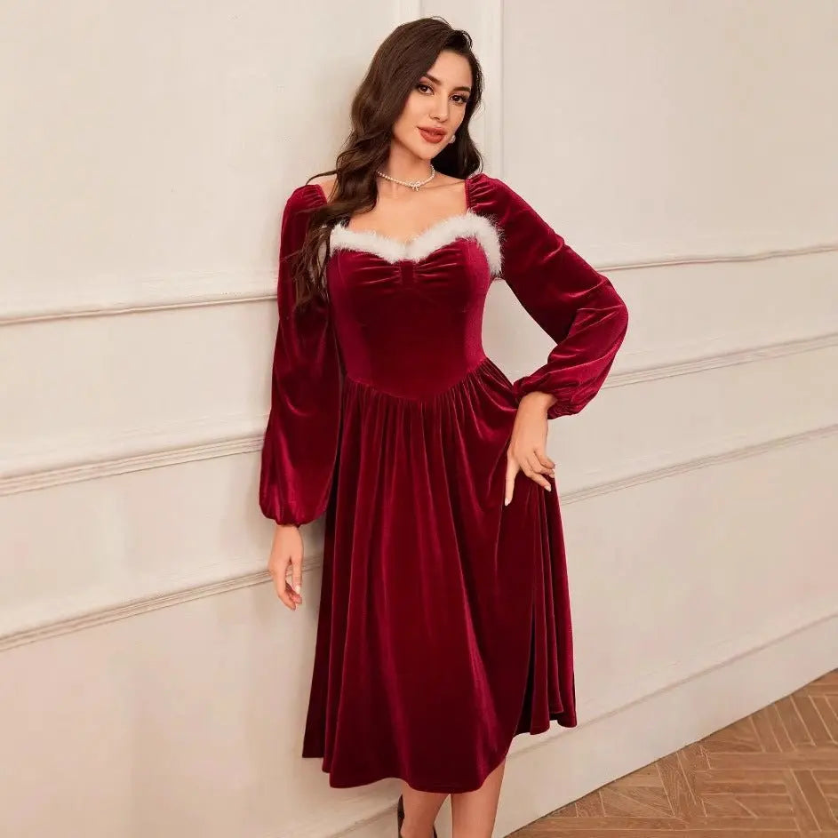 Women's Vintage Christmas Sleeve Red Velvet Dress - Santa Secret Sanctuary