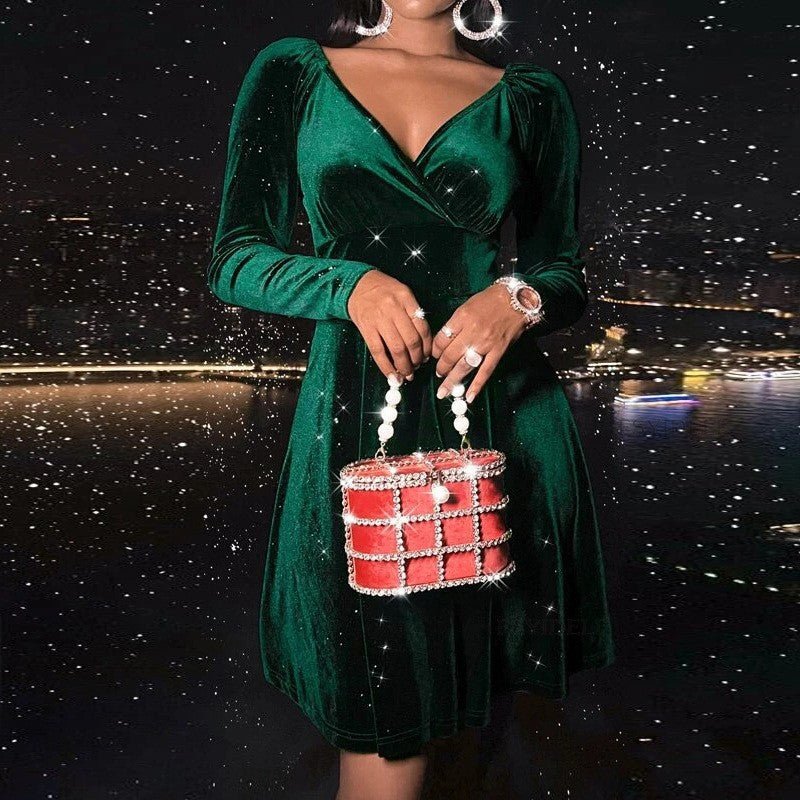 Autumn Festival Christmas Long Sleeve V - neck Dress - Santa Secret Sanctuary